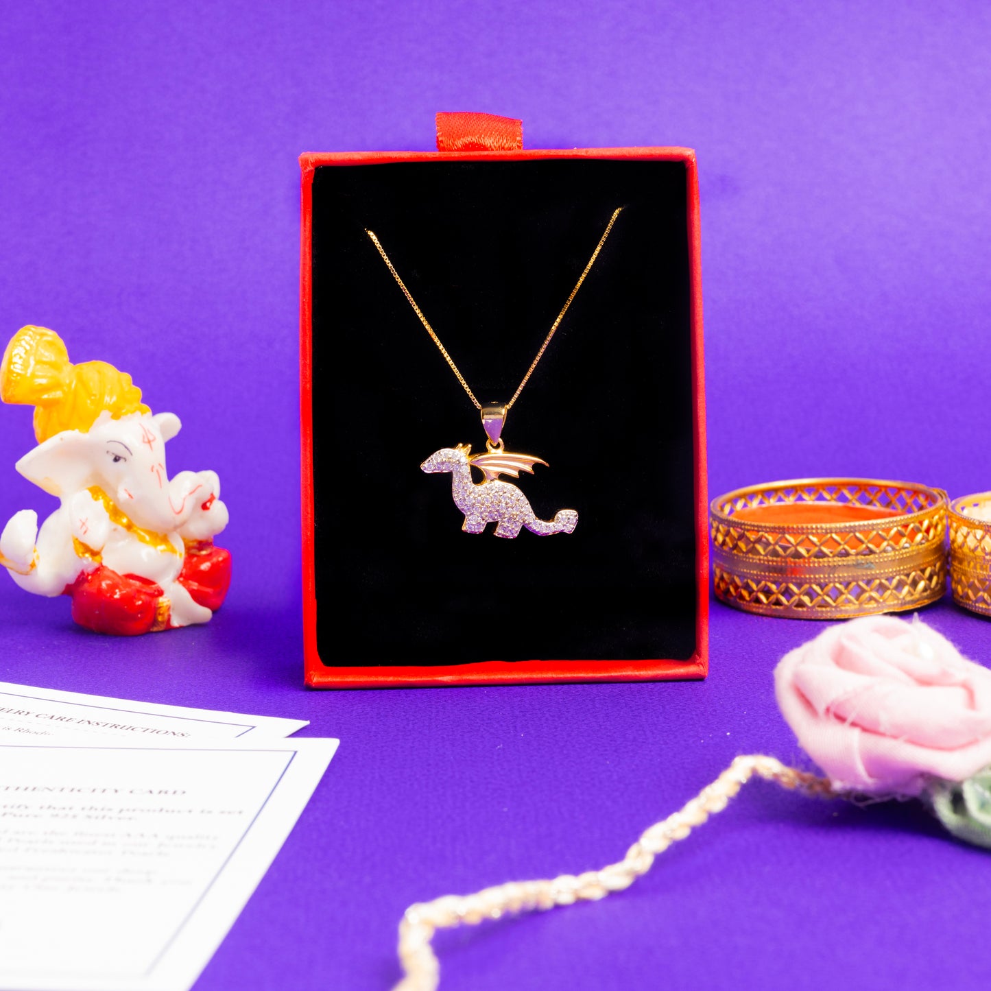Premium American Diamond Studded Gold Finish Dino the Dinosaur Pendant with Chain on Pure 925 Silver