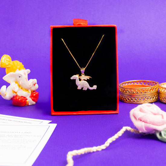 Premium American Diamond Studded Gold Finish Dino the Dinosaur Pendant with Chain on Pure 925 Silver