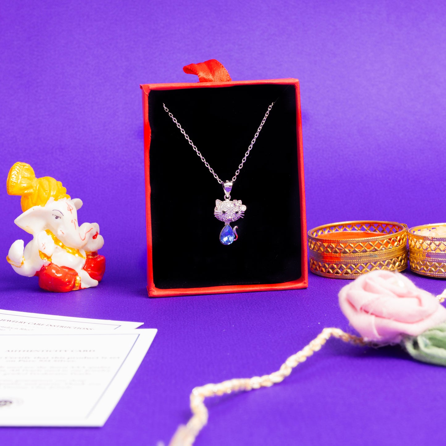 American Diamond Micro Setting Kids Kitty Pendant with Chain with Pear Shaped Blue Sapphire
