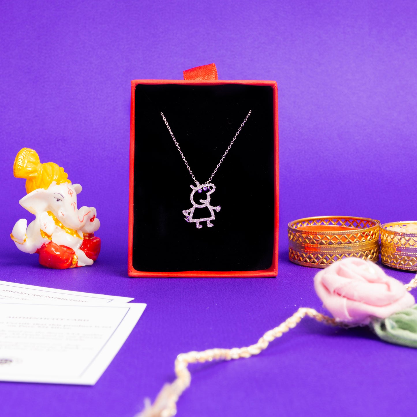 Diamond Studded Peppa Pig Pendant with Chain on Pure 925 Silver