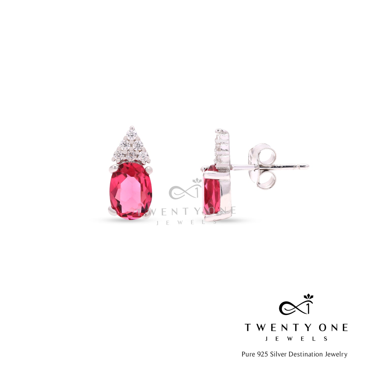 Oval Ruby Darvy Studs with American Diamonds on Pure 925 Silver