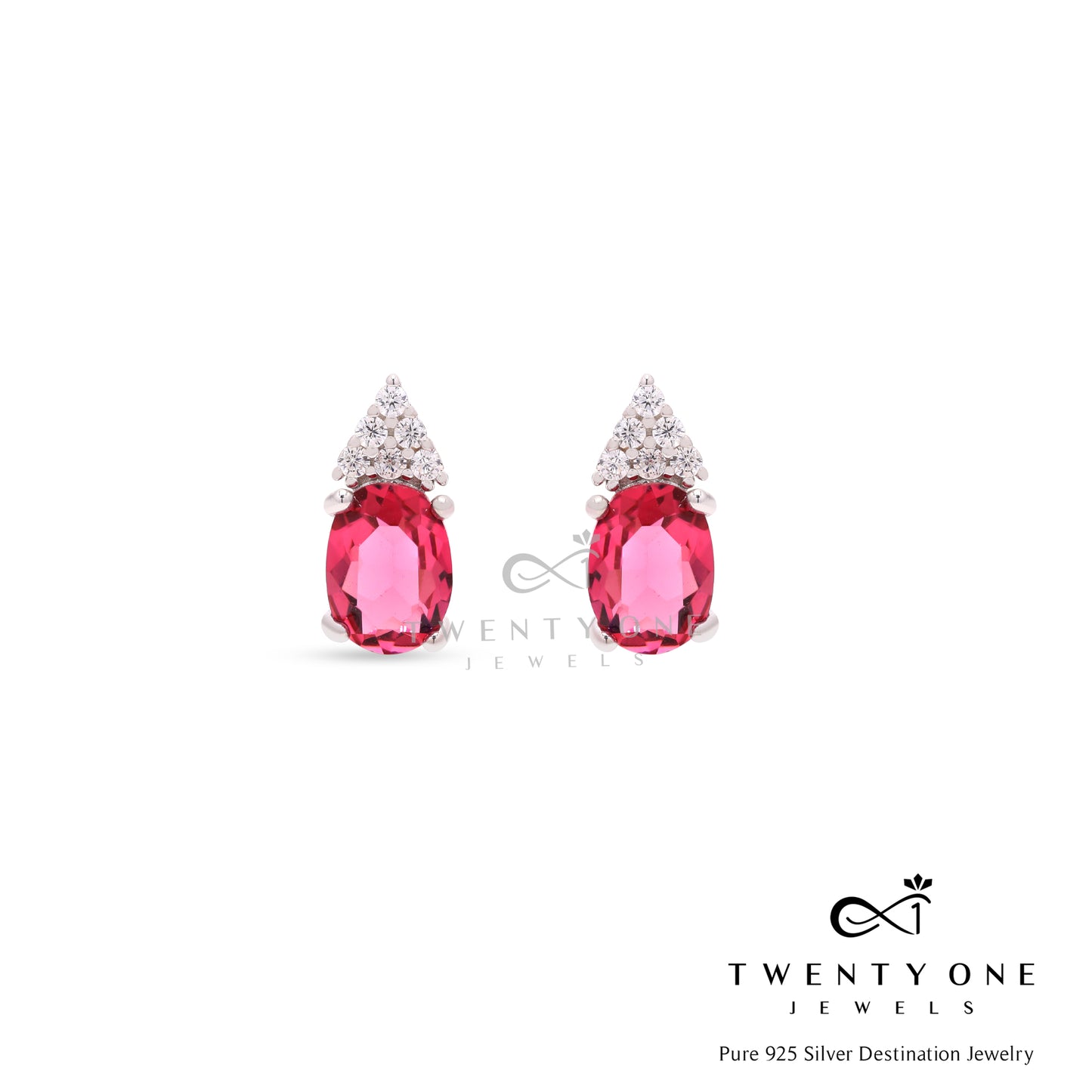 Oval Ruby Darvy Studs with American Diamonds on Pure 925 Silver