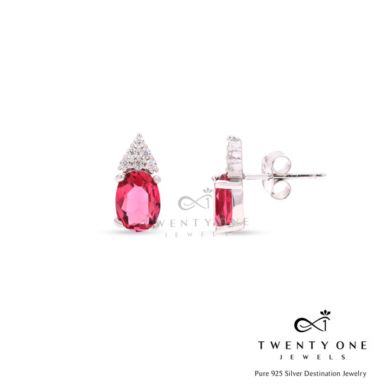 Oval Ruby Darvy Studs with American Diamonds on Pure 925 Silver