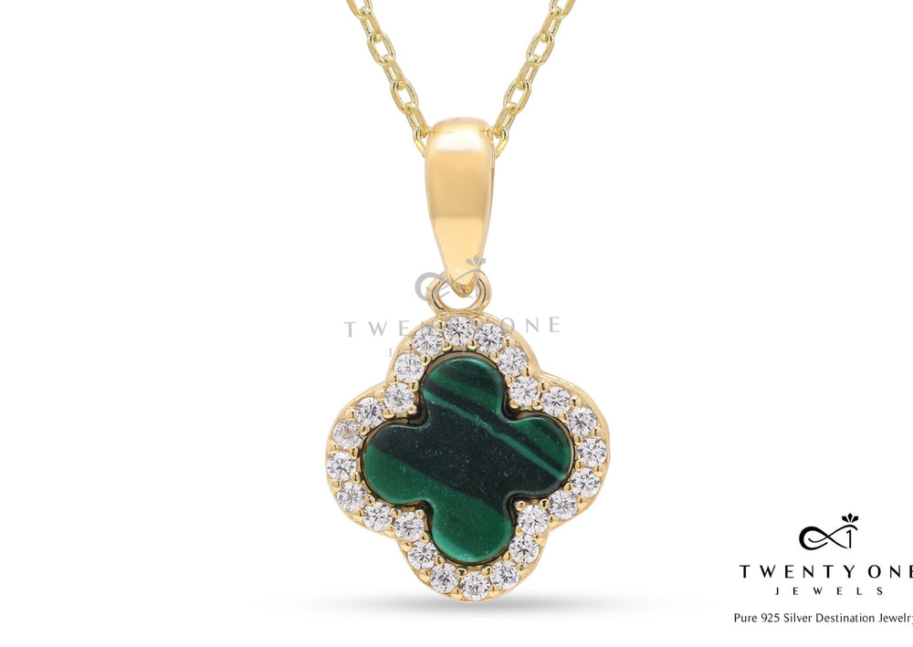 Valentines Exclusive Gold Finish Green Clover Pendant with Chain on Pure 925 Silver