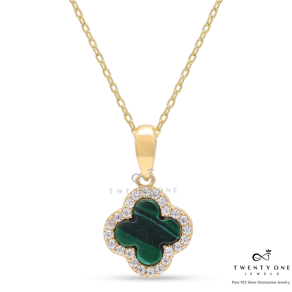 Valentines Exclusive Gold Finish Green Clover Pendant with Chain on Pure 925 Silver