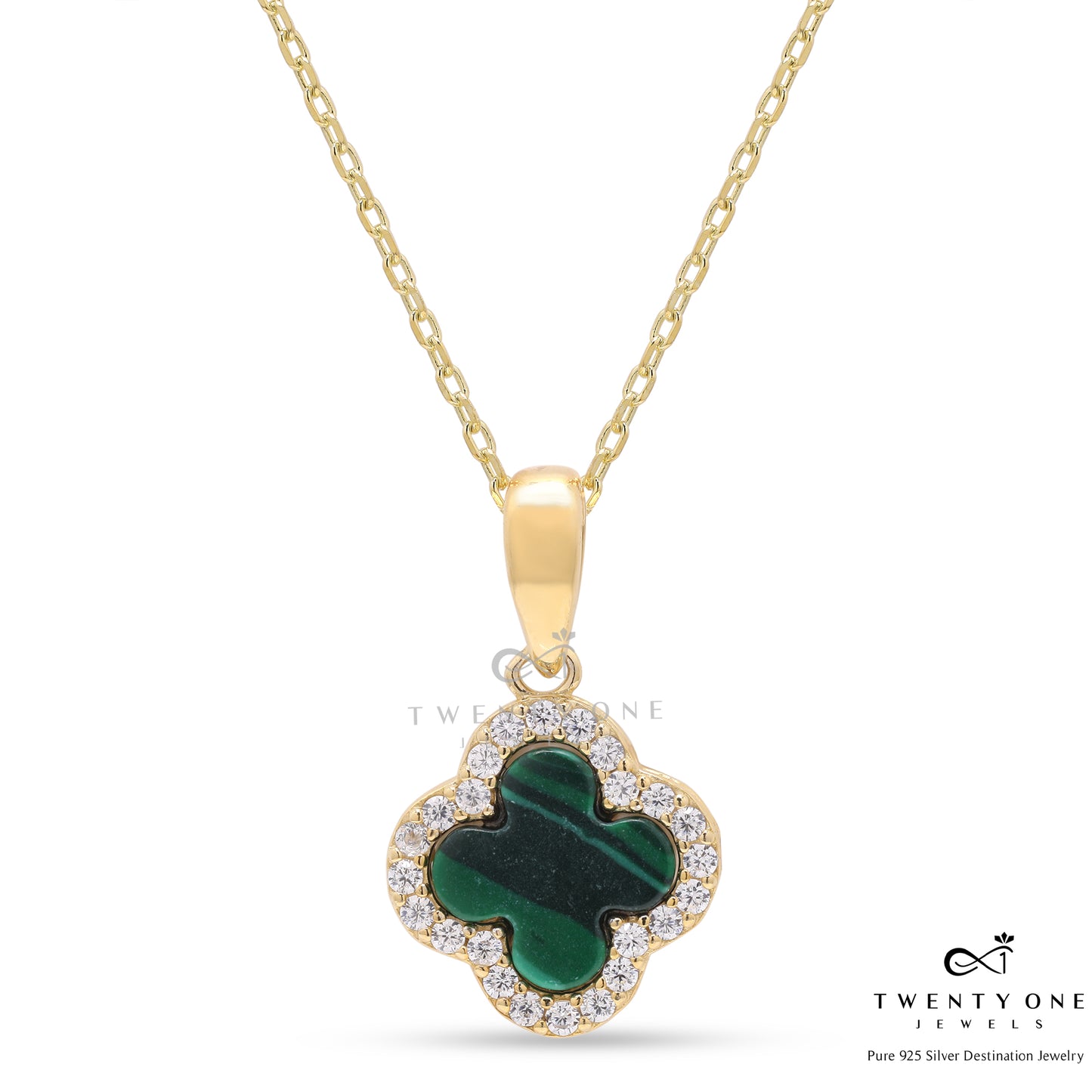 Luxury Brand Inspired Gold Finish Green Clover Pendant with Chain on Pure 925 Silver