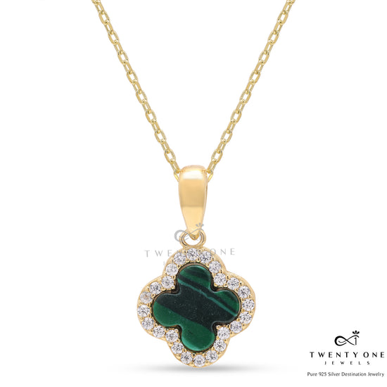 Luxury Brand Inspired Gold Finish Green Clover Pendant with Chain on Pure 925 Silver