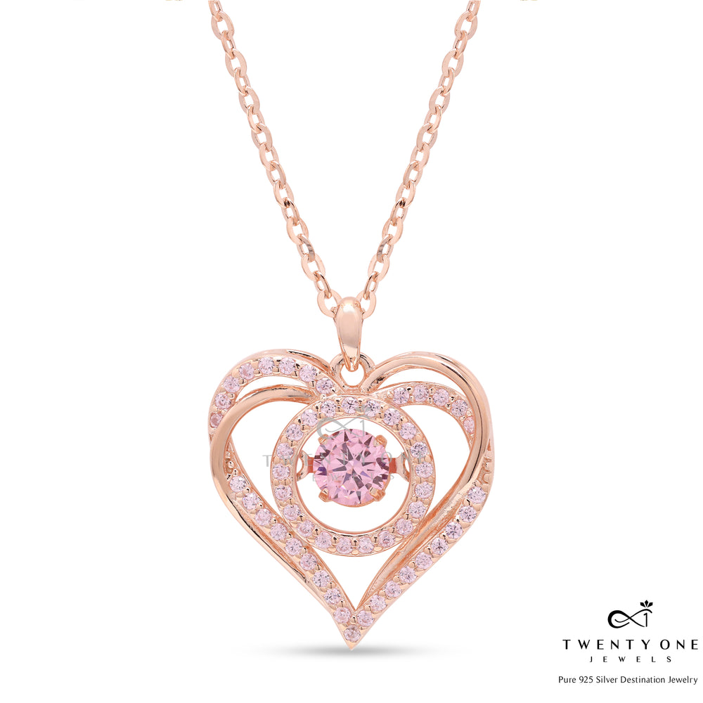 Valentines Exclusive Dancing Pink Diamond Rose Gold Layered Heart Pendant with Chain on Pure 925 Silver