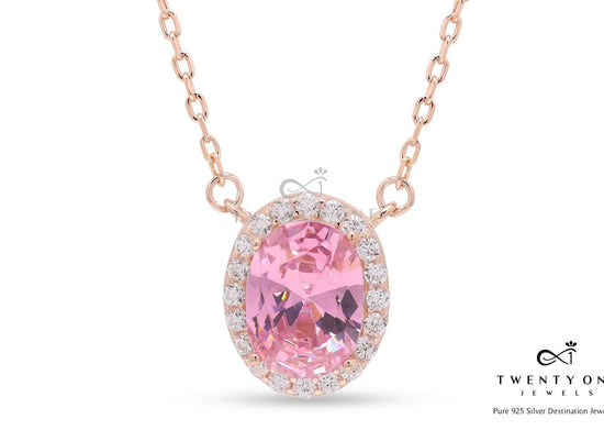 Rose Gold Pink Oval Solitaire Pendant with Chain on Pure 925 Silver