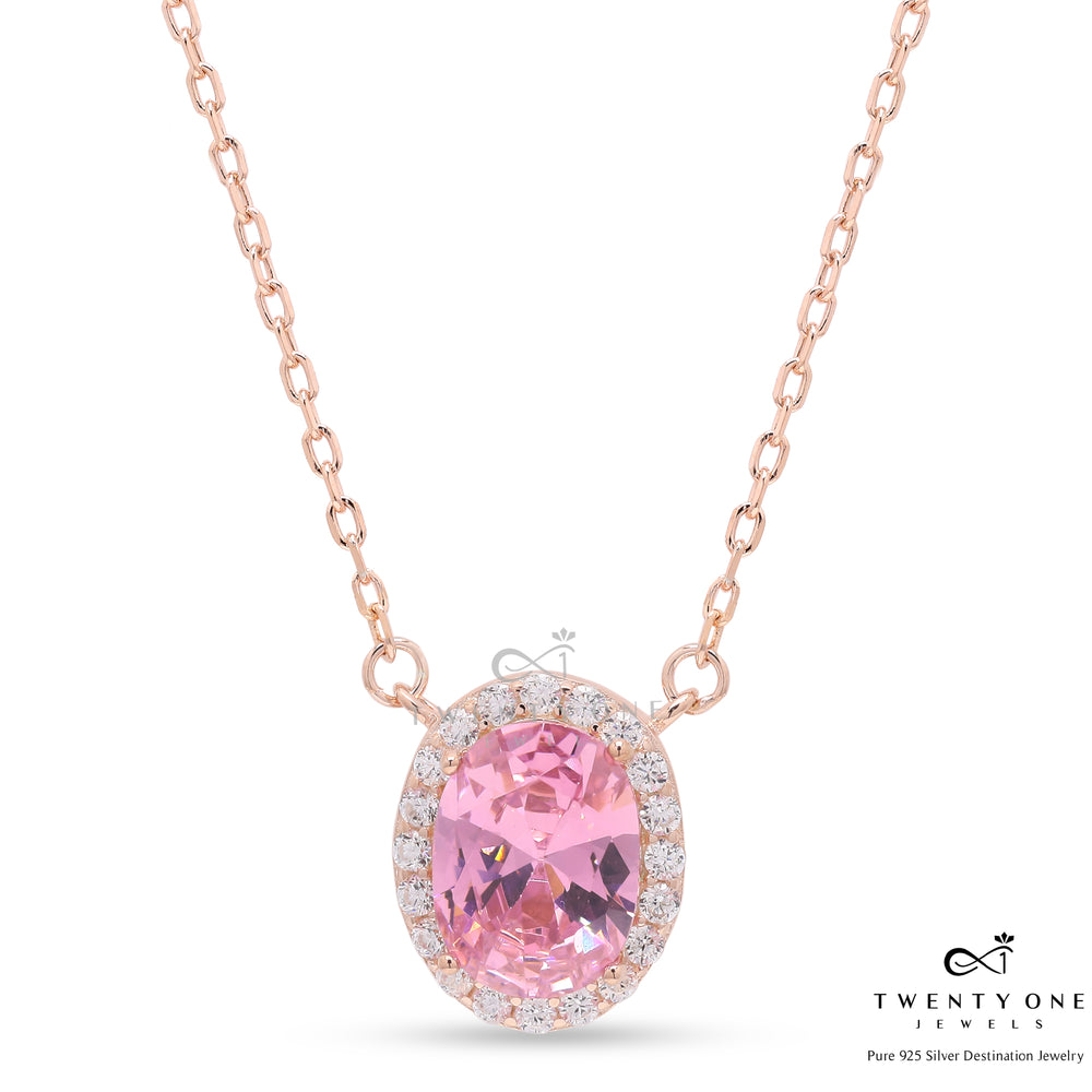Valentines Exclusive Rose Gold Pink Oval Solitaire Pendant with Chain on Pure 925 Silver