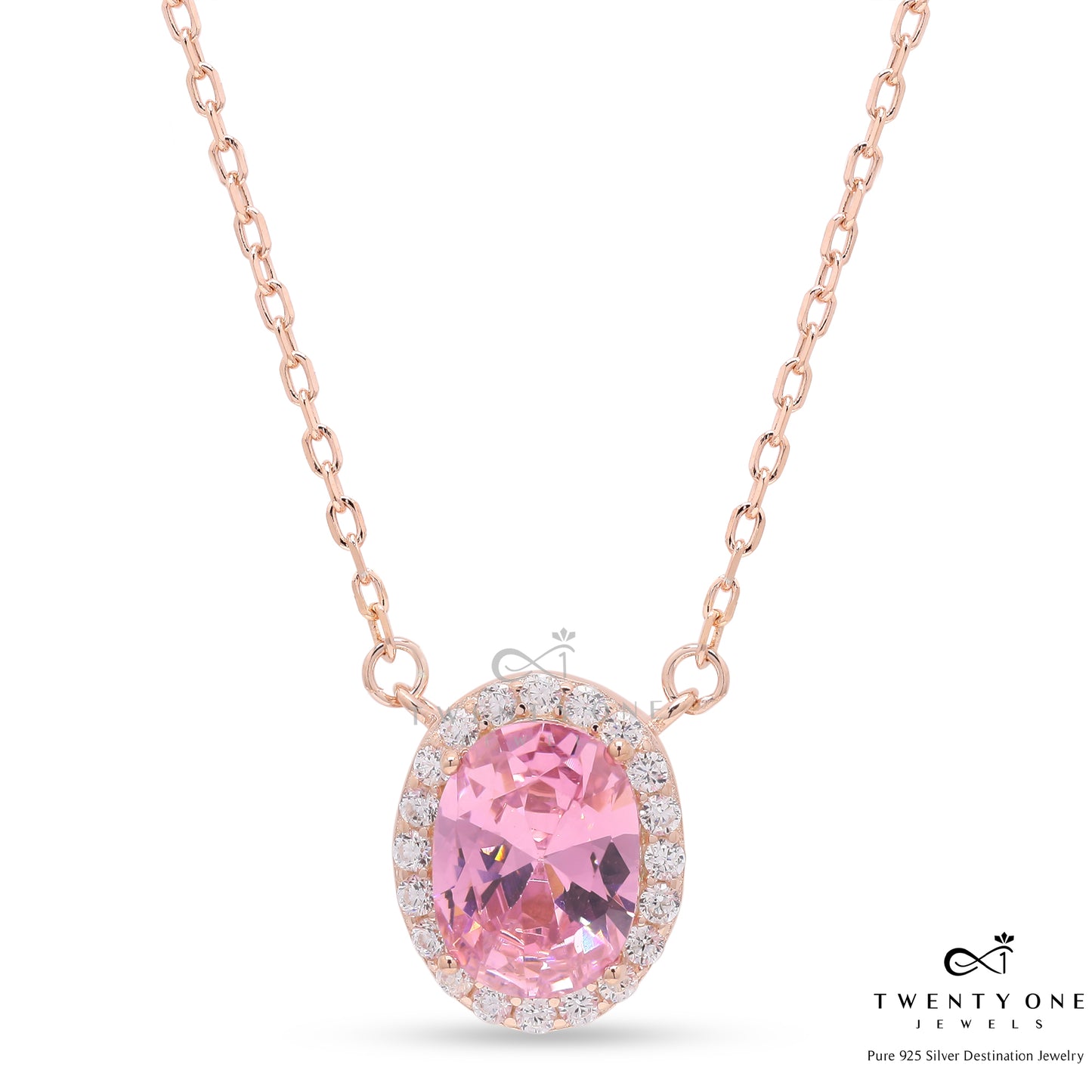 Rose Gold Pink Oval Solitaire Pendant with Chain on Pure 925 Silver