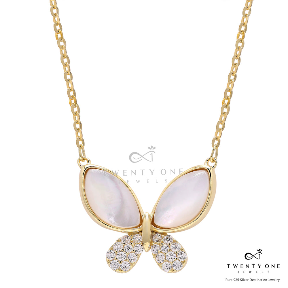 Valentines Exclusive Gold Finish Mother of Pearl Butterfly Pendant with Chain on Pure 925 Silver