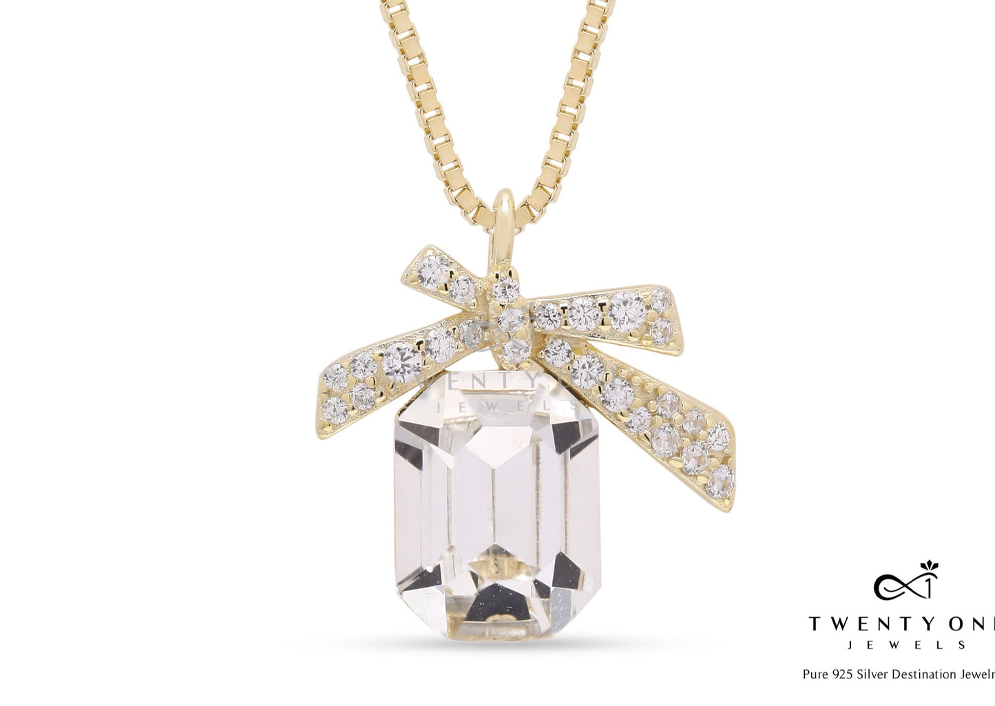 Gold Finish Emerald Cut Solitaire Pendant with Chain on Pure 925 Silver