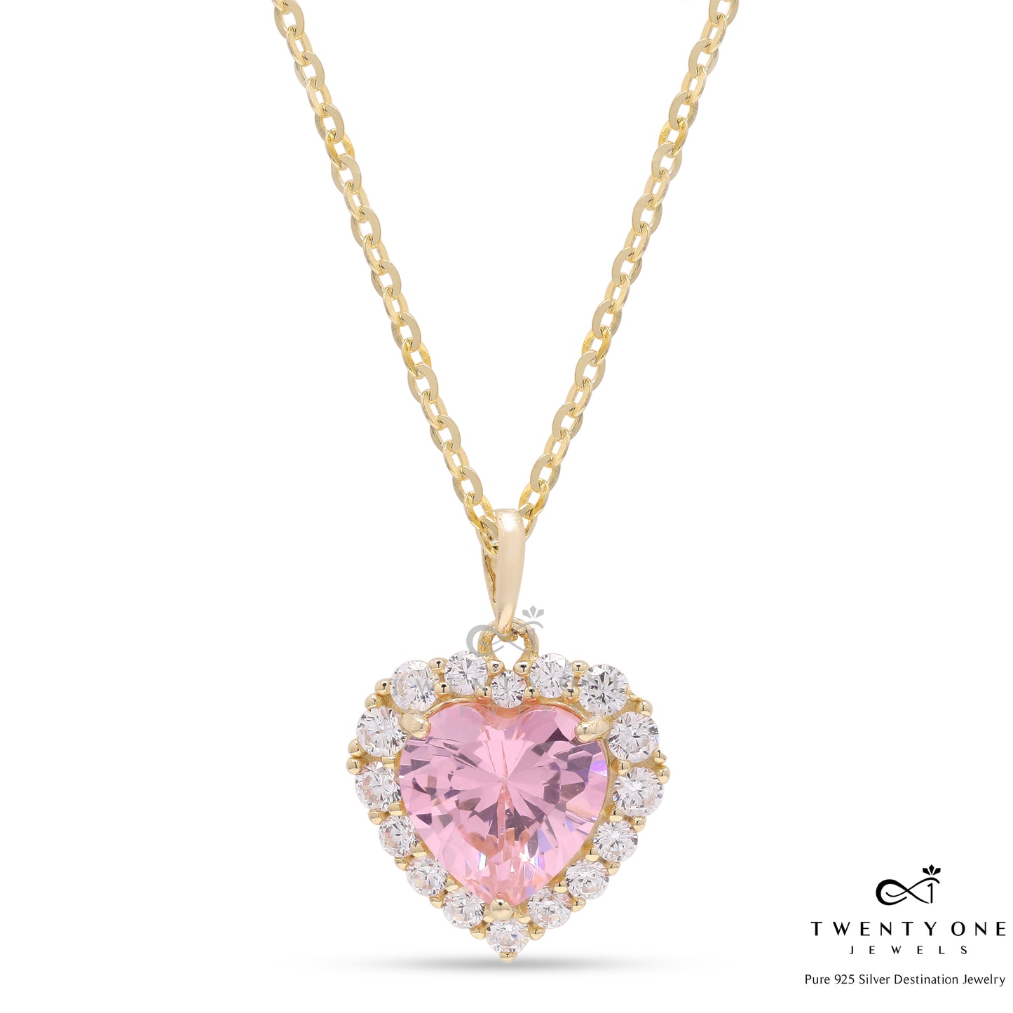 Valentines Exclusive Pink Heart Solitaire Gold Finish Marie Pendant With Chain On 925 Silver