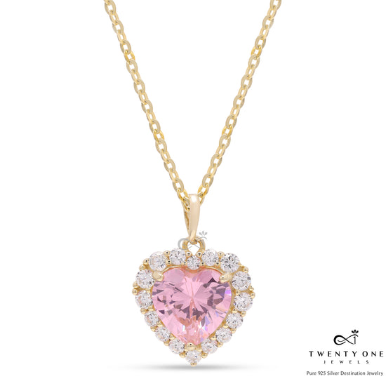 Valentines Exclusive Pink Heart Solitaire Gold Finish Marie Pendant With Chain On 925 Silver