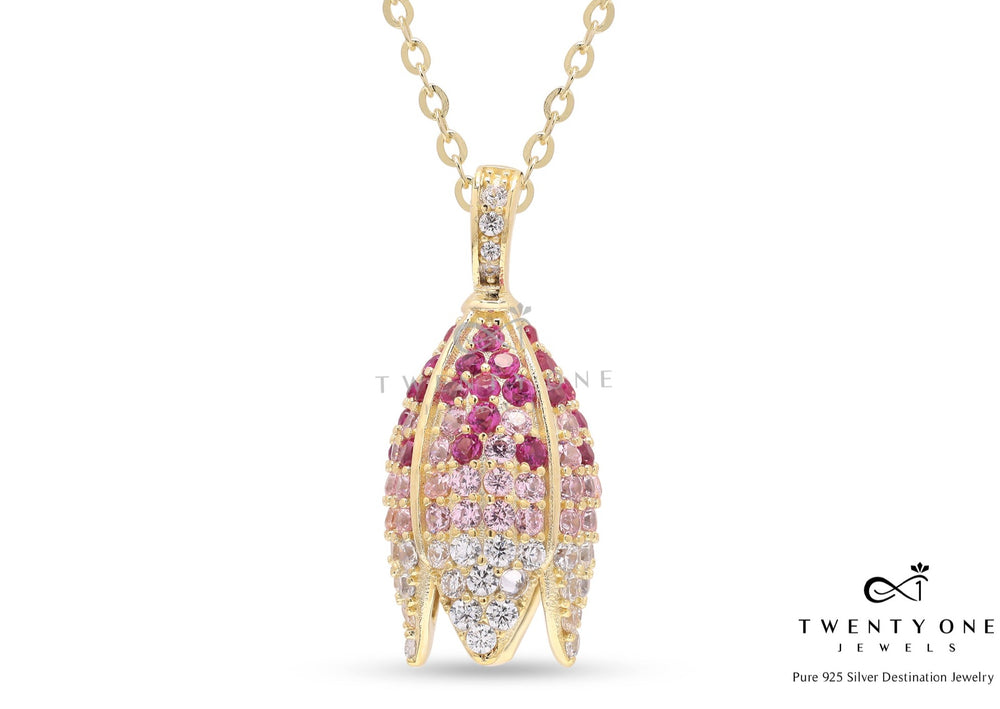 Diamond Studded Floral Bloom Ruby Pendant With Chain On Pure 925 Silver