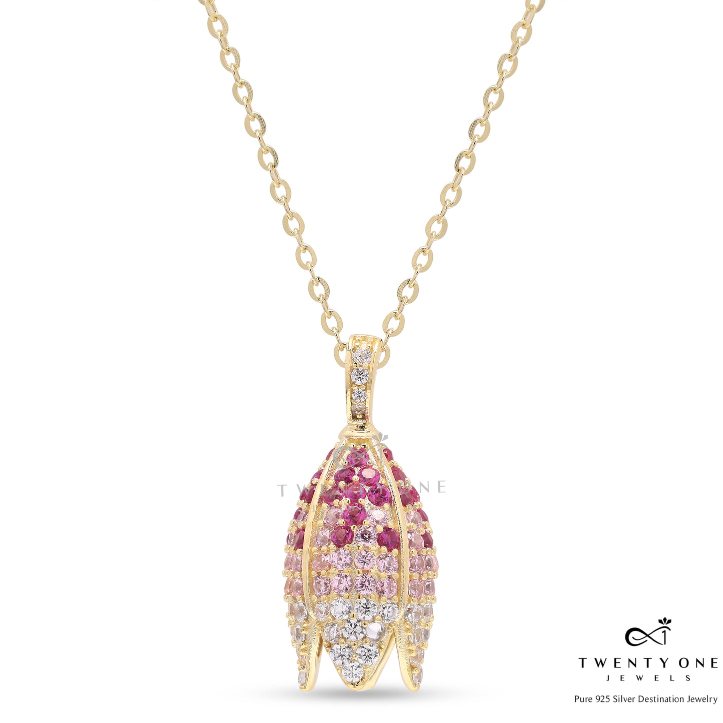 Diamond Studded Floral Bloom Ruby Pendant With Chain On Pure 925 Silver