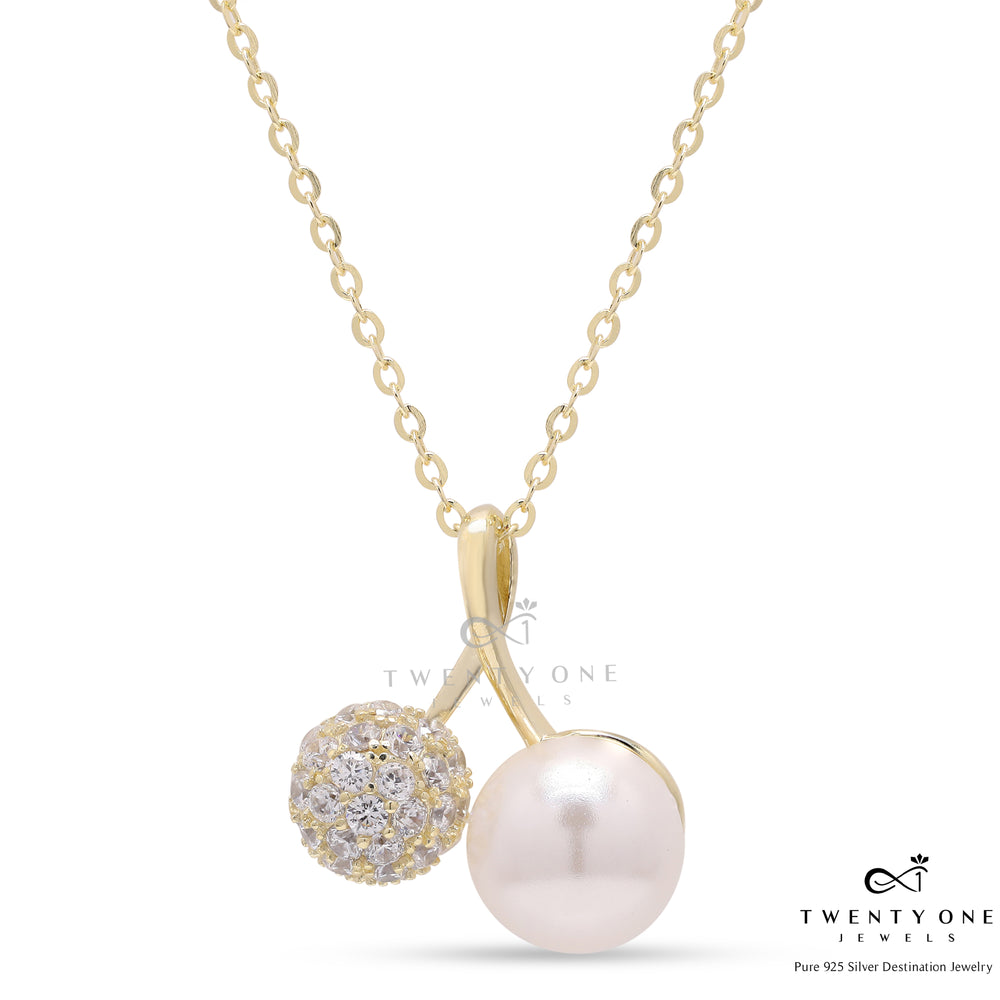 Disco Ball And Pearl Gold Finish Tiara Pendant With Chain On Pure 925 Silver