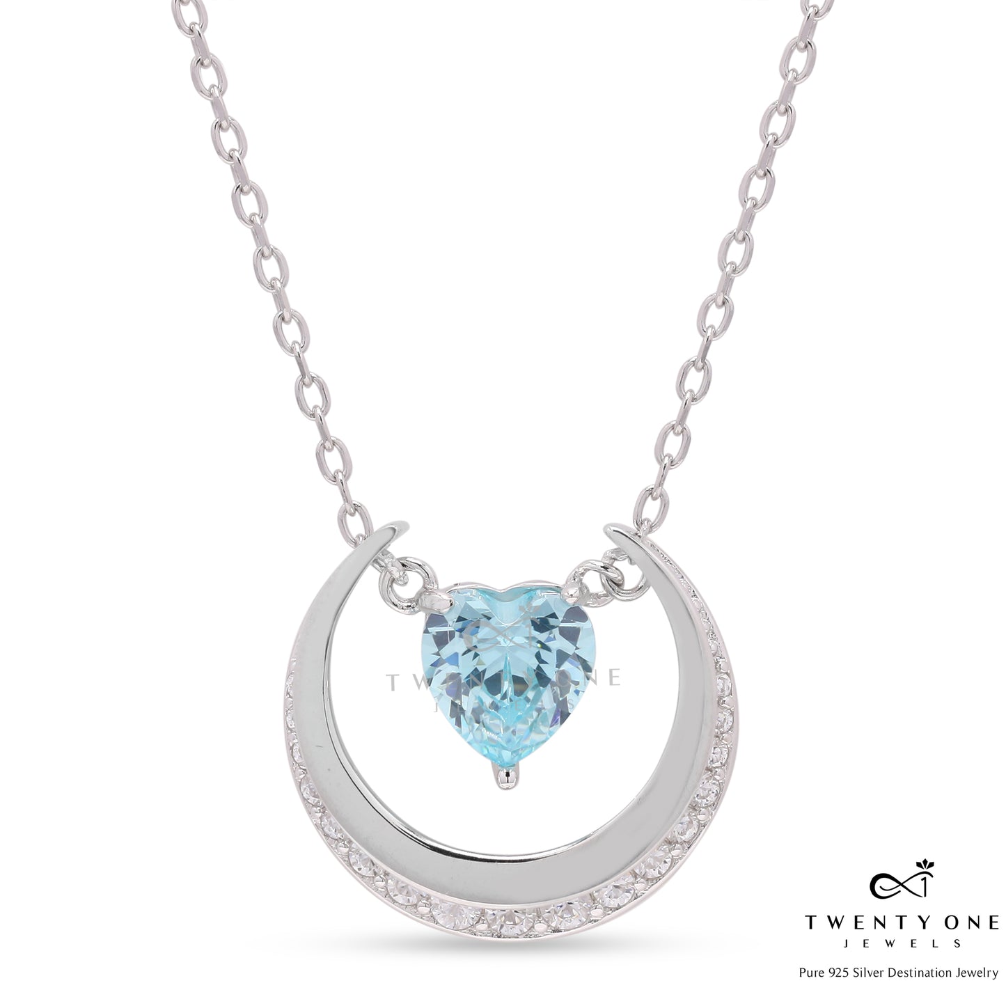 Blue Heart Solitaire and Diamond Studded  Moon Pendant with chain on pure 925 Silver