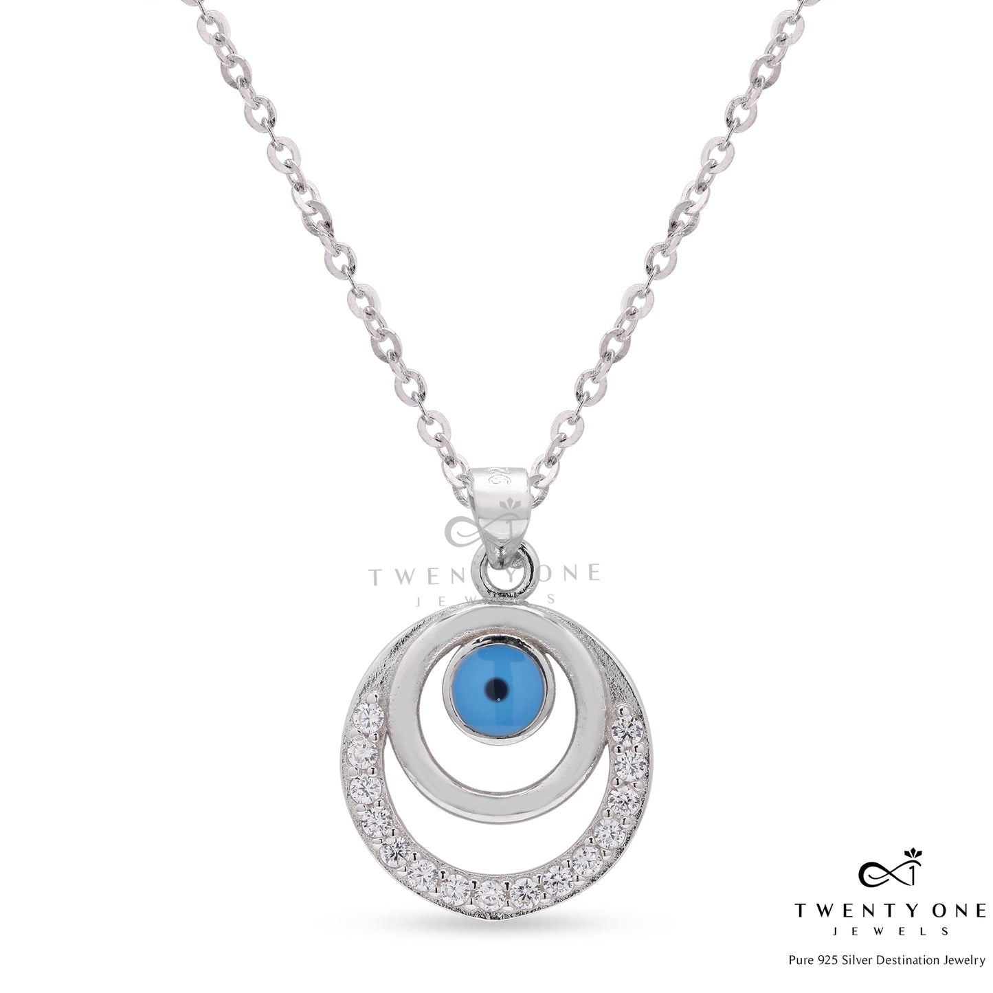 Double Layered Somy Evil Eye Pendant with chain on pure 925 Silver