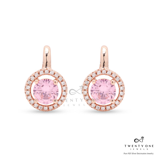 Rose Gold Huggie Earrings with Pink Solitaire