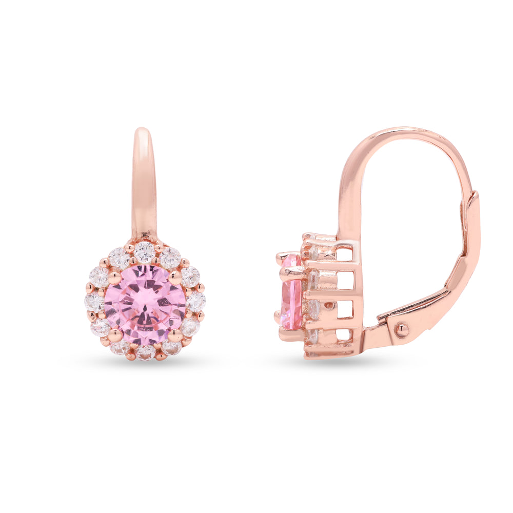 Rose Gold Finish Pink Solitaire Daisy Hoops on Pure 925 Silver