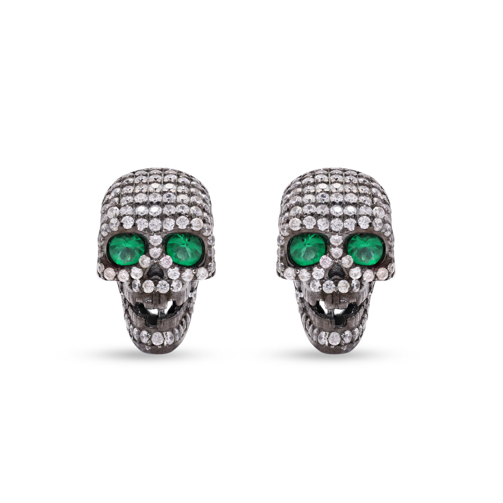 American Diamond Studded Emerald Skull Studs on Pure 925 Silver