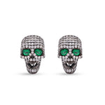 American Diamond Studded Emerald Skull Studs on Pure 925 Silver