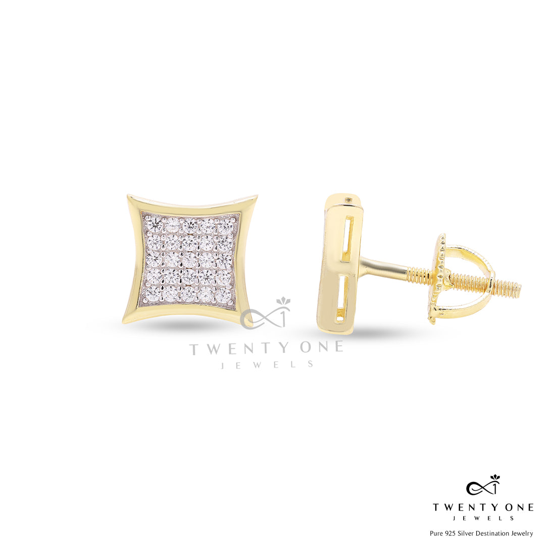Pave Setting Diamond Studded Gold Finish Cenora Studs with Screw Backs