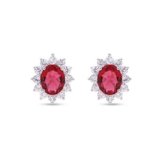 Ruby Oval Solitaire with Round Cut Diamond Cluster Gema Studs on Pure 925 Silver
