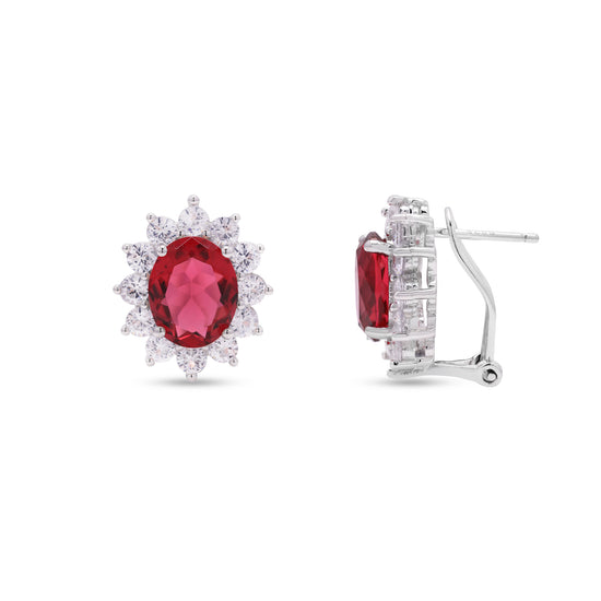 Ruby Oval Solitaire with Round Cut Diamond Cluster Gema Studs on Pure 925 Silver