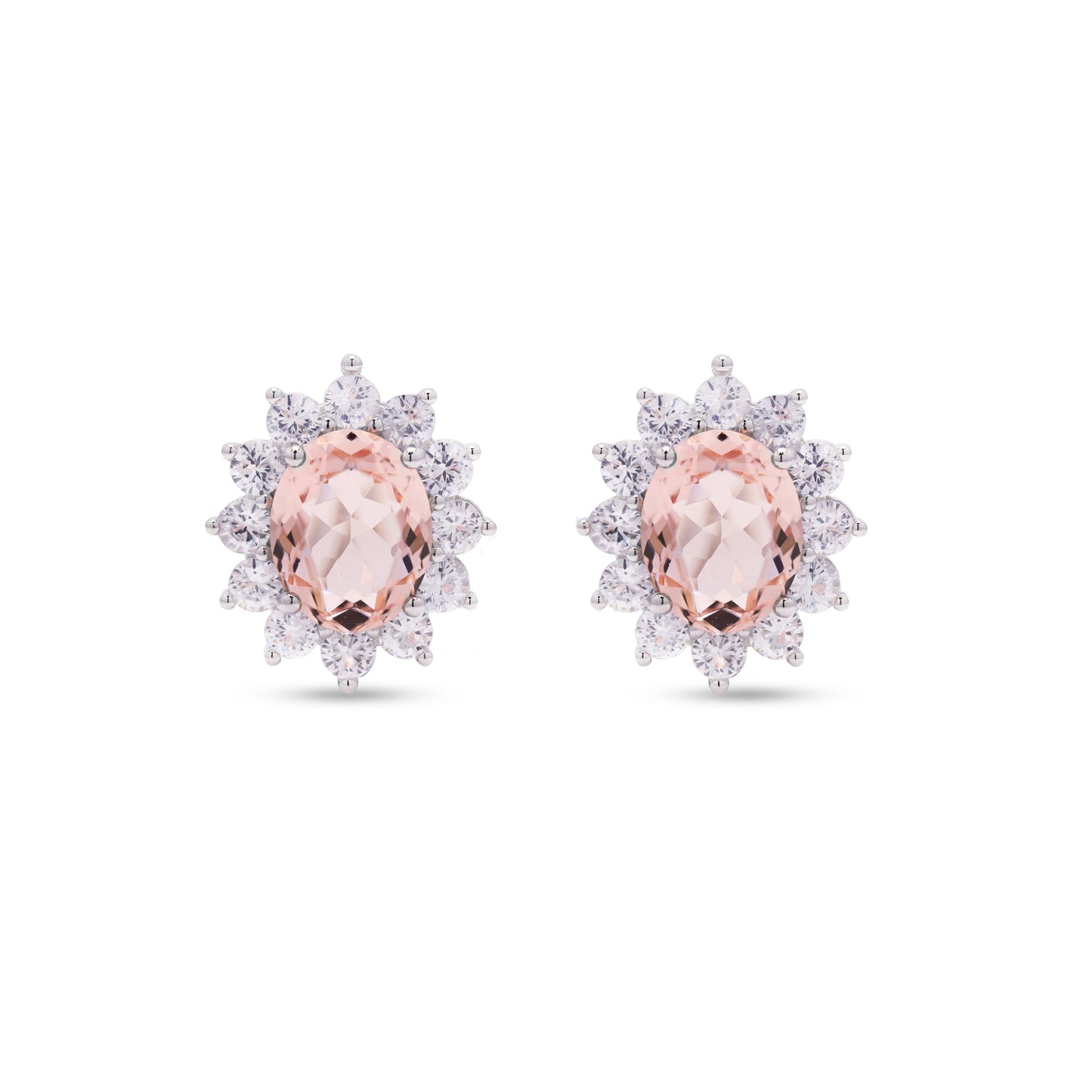 Peach Morganite Oval Solitaire with Round Cut Diamond Cluster Gema Studs on Pure 925 Silver