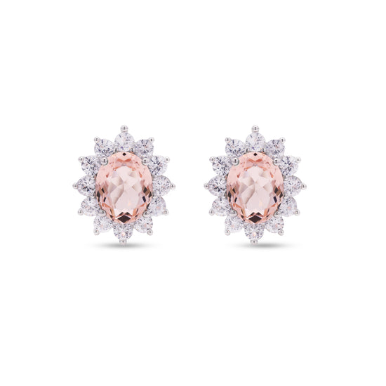 Peach Morganite Oval Solitaire with Round Cut Diamond Cluster Gema Studs on Pure 925 Silver