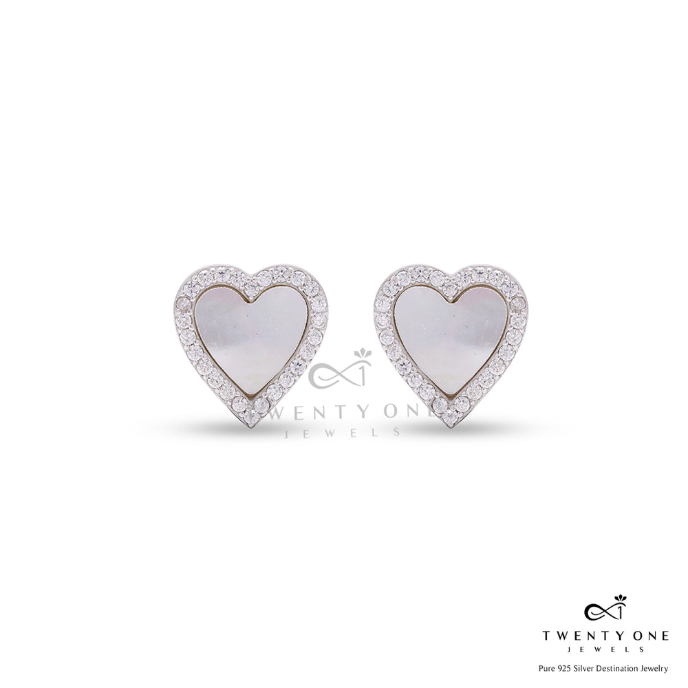 Mother of Pearl Ocean White Heart Studs with Diamond Border on Pure 925 Silver.