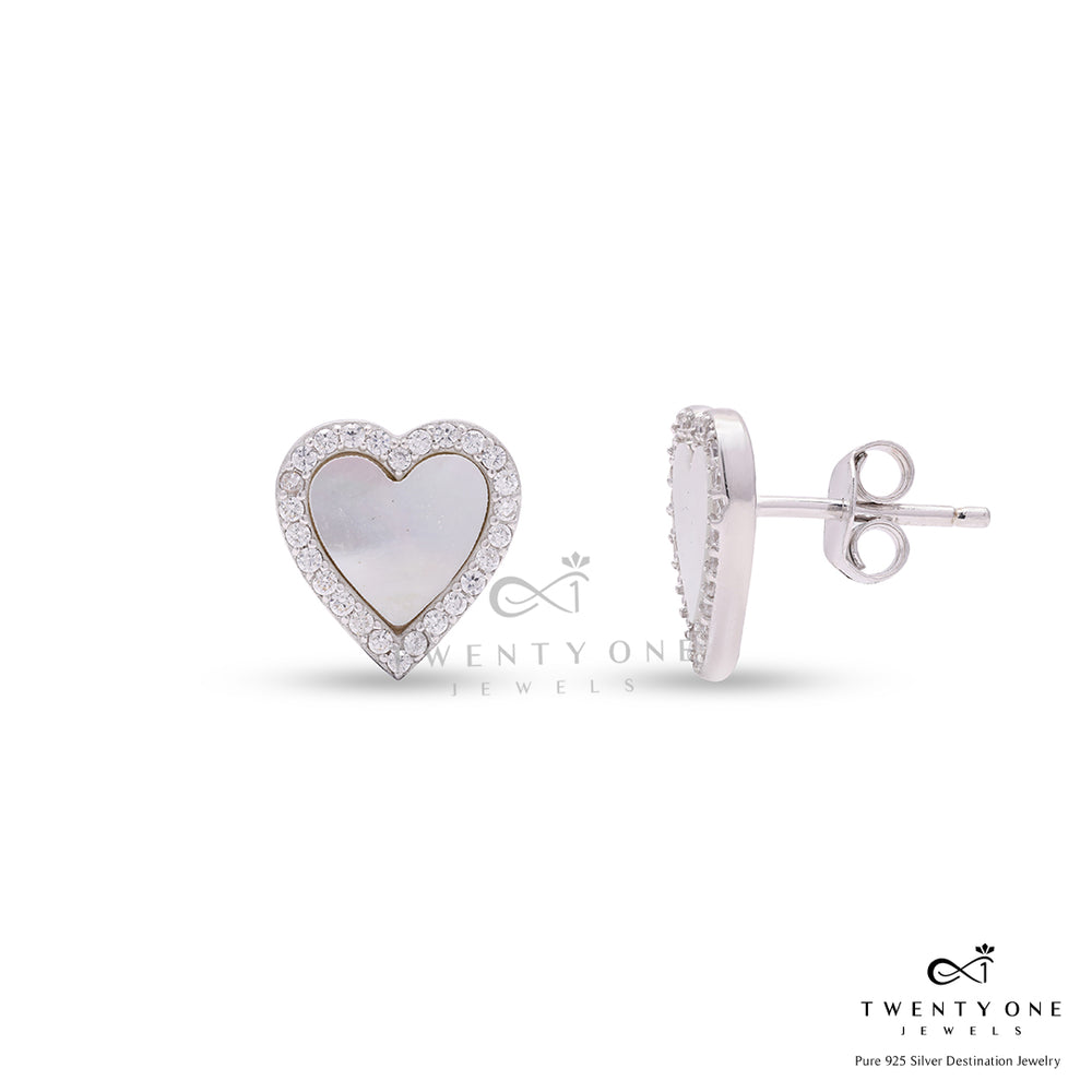 Mother of Pearl Ocean White Heart Studs with Diamond Border on Pure 925 Silver.