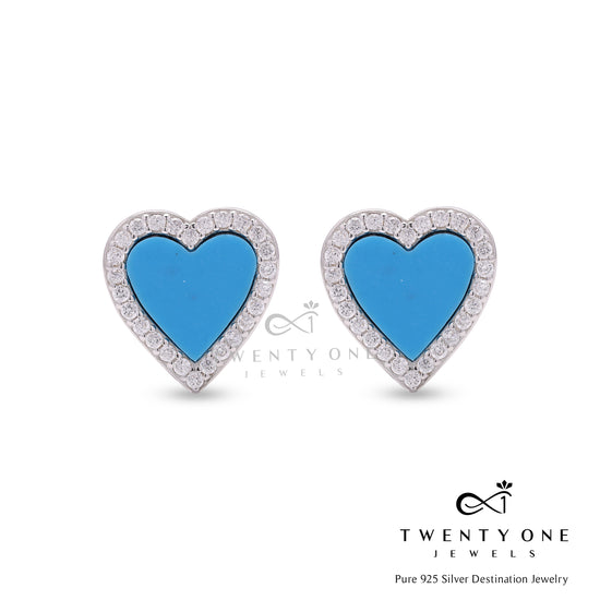 Valentines Exclusive Blue Enamel Heart Studs with Diamond Border on Pure 925 Silver...