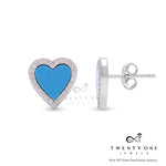 Blue Enamel Heart Studs with Diamond Border on Pure 925 Silver
