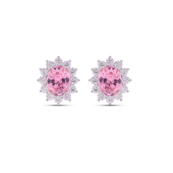 Pink Oval Diamond with Round Cut Diamond Cluster Gema Studs on Pure 925 Silver
