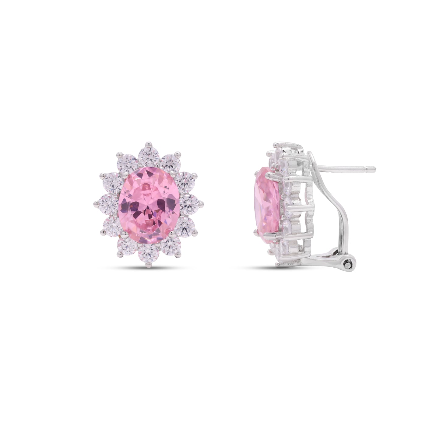 Pink Oval Diamond with Round Cut Diamond Cluster Gema Studs on Pure 925 Silver