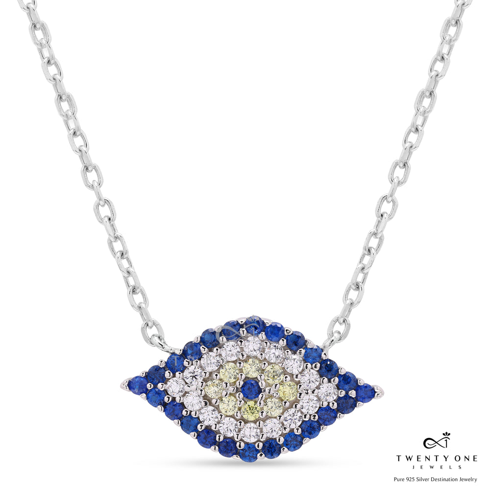 Diamond Studded Blue Stone Evil Eye Pendant with Chain on Pure 925 Silver