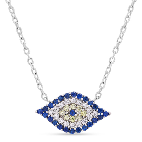 Diamond Studded Blue Stone Evil Eye Pendant with Chain on Pure 925 Silver