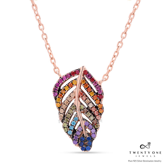 Multi Coloured Diamond Savy Leaf Pendant in Rose Gold Finish on Pure 925 Silver
