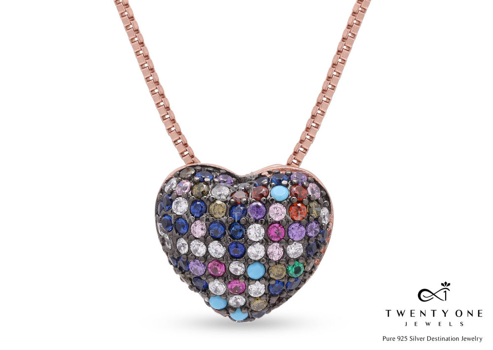 Multi Coloured Diamond Dority Heart Pendant with Chain on Pure 925 Silver