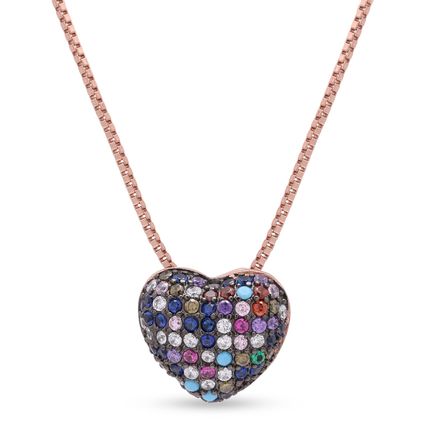 Multi Coloured Diamond Dority Heart Pendant with Chain on Pure 925 Silver
