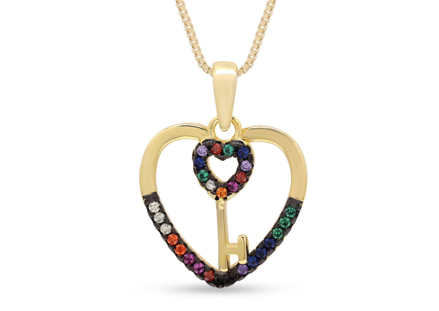 Heart and Key Multi Diamond Gold Finish Pendant on Pure 925 Silver