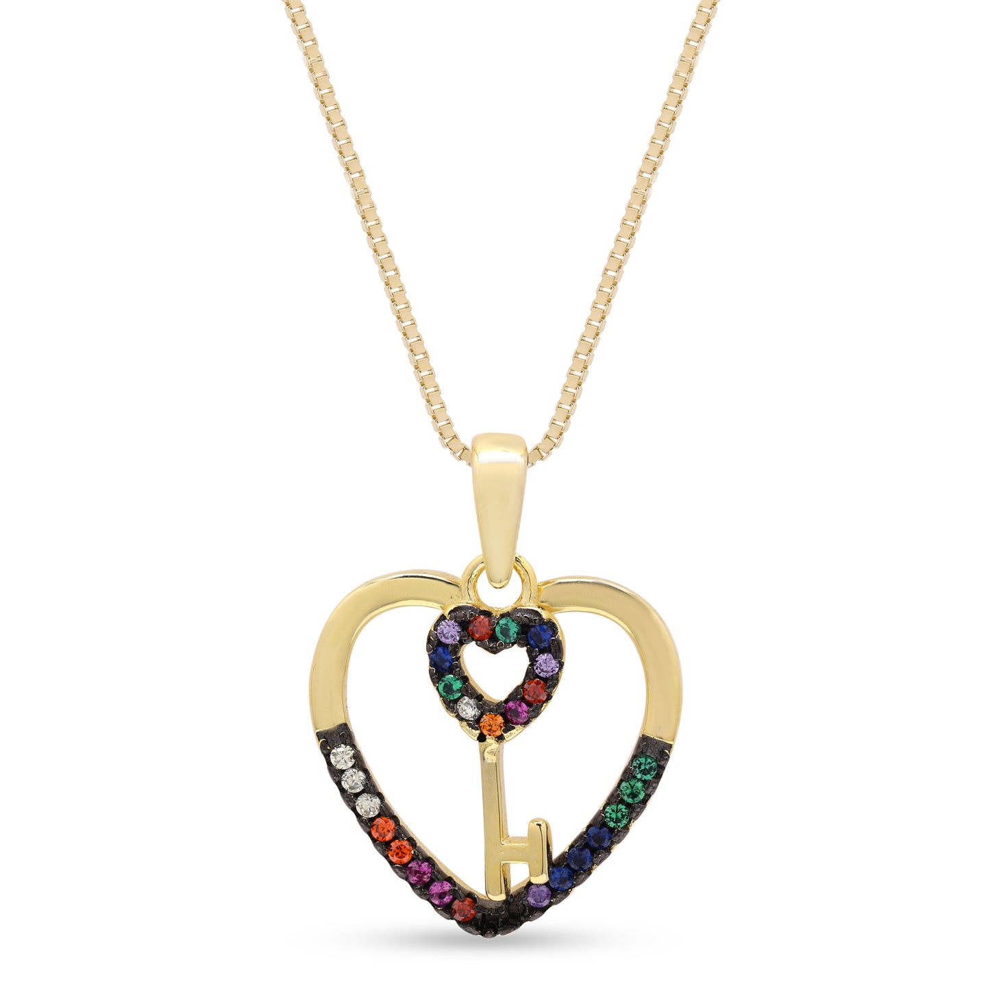 Valentines Exclusive Heart and Key Multi Diamond Gold Finish Pendant on Pure 925 Silver