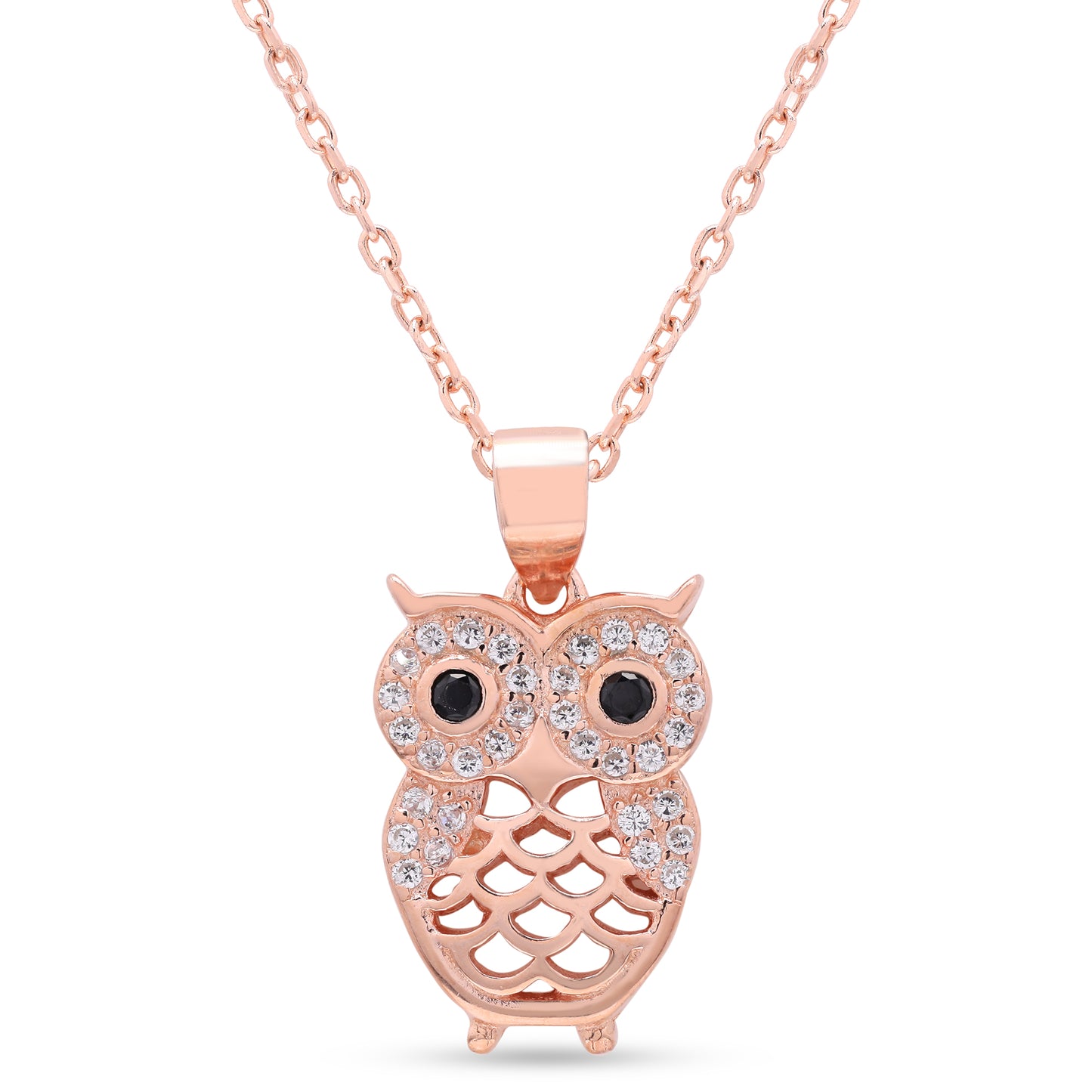 Rose Gold Finish Diamond Studded Owl Pendant with Chain on Pure 925 Silver.