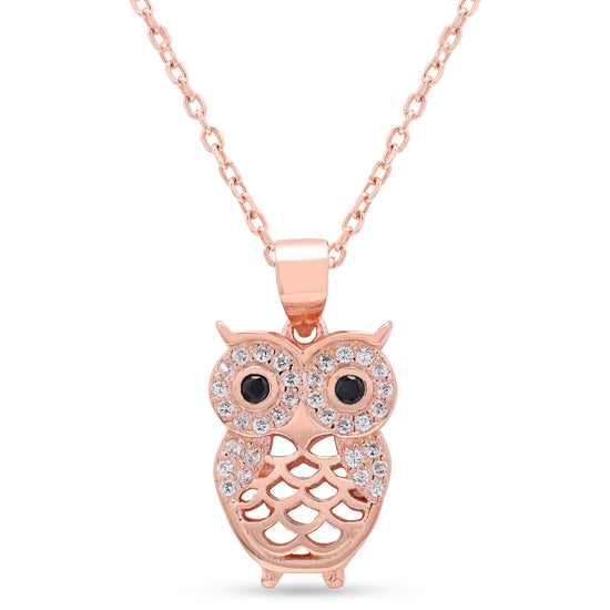Rose Gold Finish Diamond Studded Owl Pendant with Chain on Pure 925 Silver.