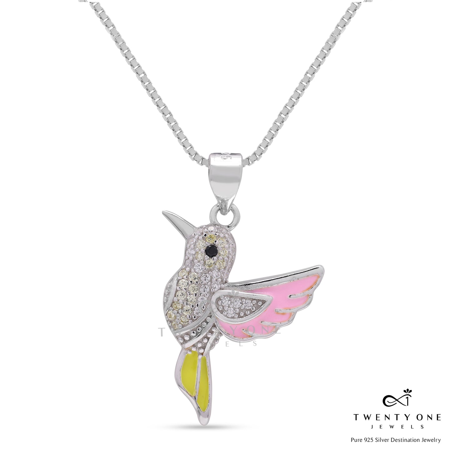 Pure 925 Silver American Diamond Studded Bird Pendant with Pink and yellow Enamel Detailing.