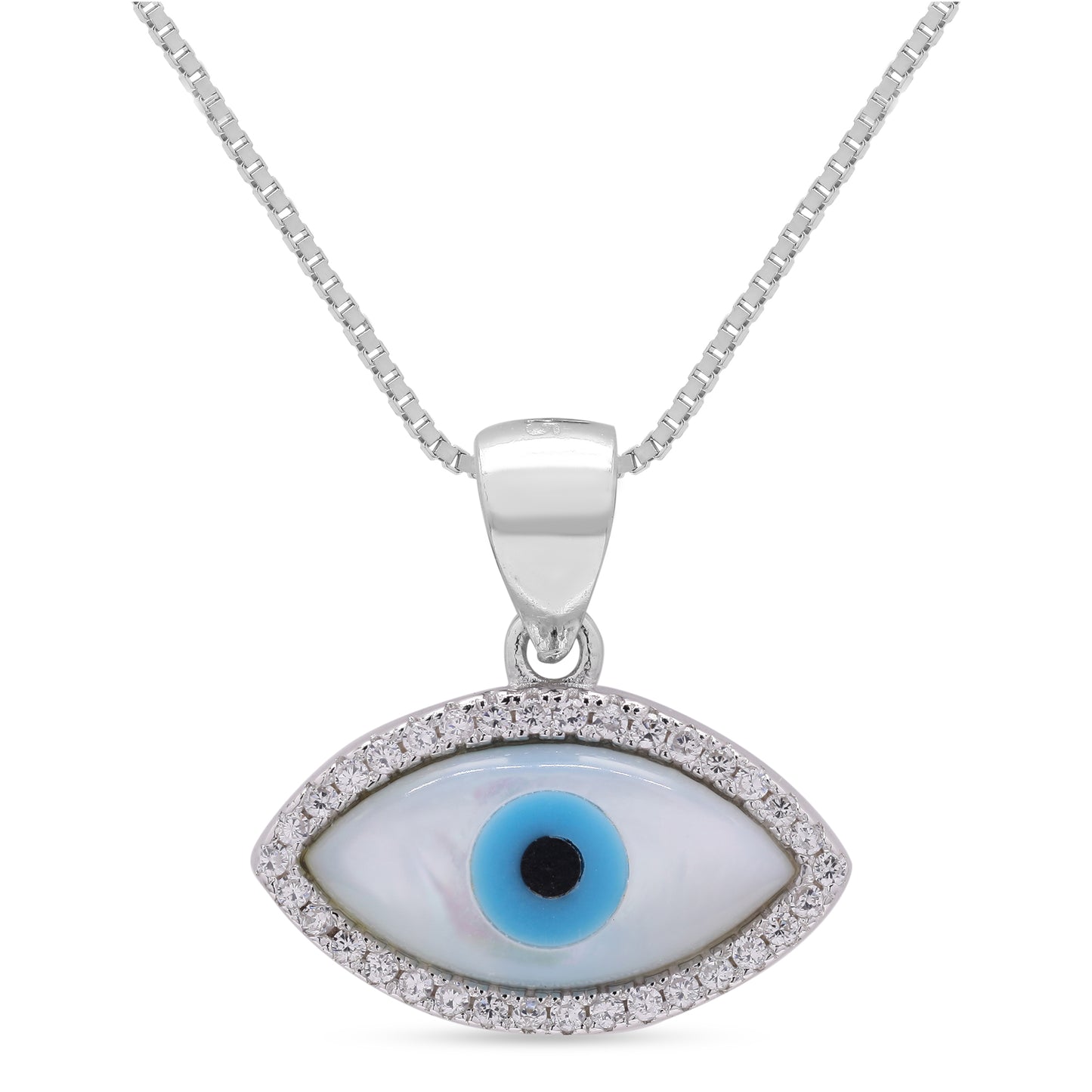 Mother of Pearl Solid Evil Eye Pendant with Chain on Pure 925 Silver